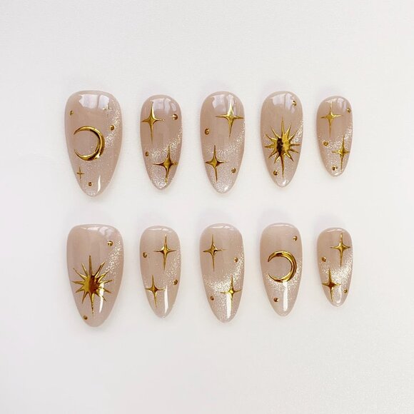 Hand Crafted Other - Aura press on nails long almond nails/Moon&Sun StarNails/Cat eye nails